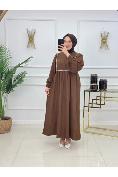 Kadın Tesettür Elbise Müslin Kumaş - Resim 3