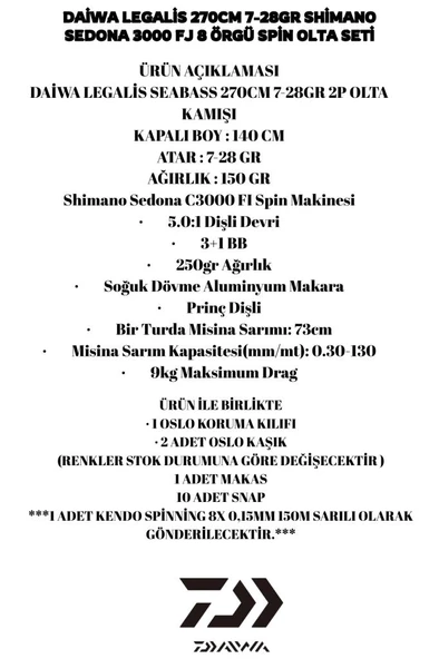 Daiwa Legalis Seabass 270cm 7-28gr Shimano Sedona 3000FJ 8 örgü Spin Olta Seti - Resim 2
