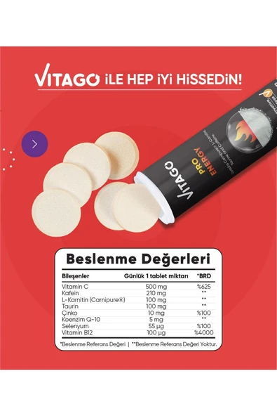 VİTAGO Energy L-karnitin, Taurin, Kafein Içeren 10 Efervesan Tablet - Resim 2