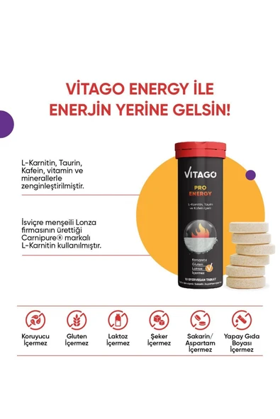 VİTAGO Energy L-karnitin, Taurin, Kafein Içeren 10 Efervesan Tablet - Resim 4