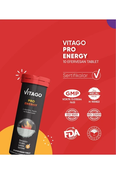 VİTAGO Energy L-karnitin, Taurin, Kafein Içeren 10 Efervesan Tablet - Resim 3