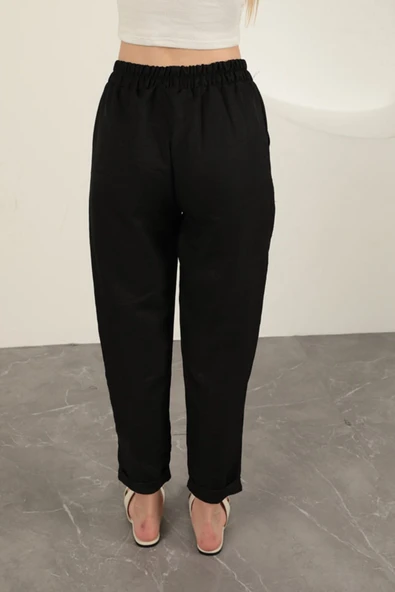 Sofia Keten Duble Paça Kadın Pantolon-Siyah - Resim 2