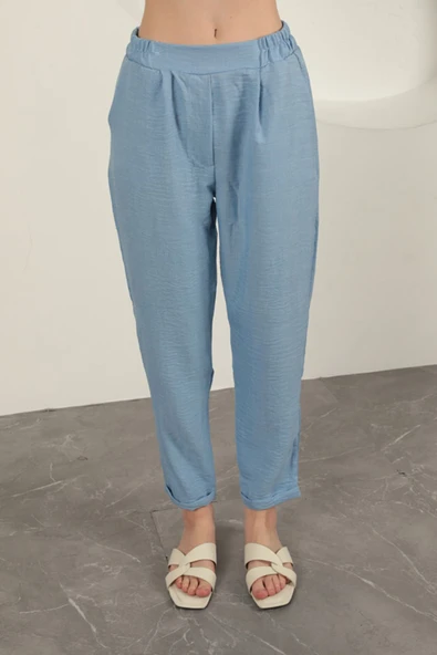 Sofia Keten Duble Paça Kadın Pantolon-Mavi - Resim 2