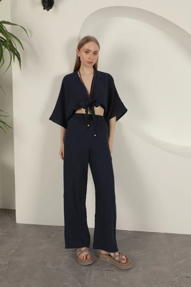 Müslin Kumaş Bol Paça Kadın Pantolon-Lacivert ürün görseli