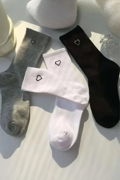 Hitit Socks Kadın 6 Çift Premium Kalite Kalp Detaylı Tenis Çorap Siyah Beyaz Gri - Resim 5