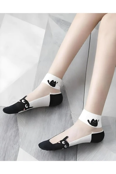 Hitit Socks Kadın 5 Çift Karışık Kedi Desenli Tül Çorap Beyaz - Resim 4