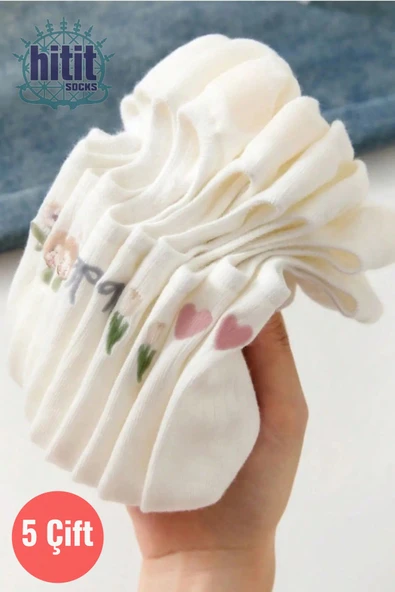 Hitit Socks Kadın 5 Çift Premium Fiyonk Çiçek ve Kalp Desenli Babet Çorap Seker Beyazı