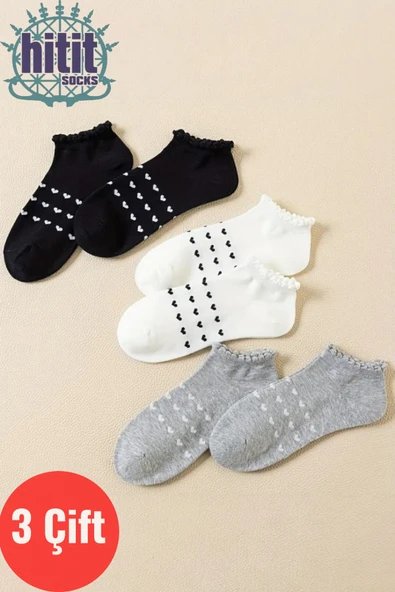 Hitit Socks Kadın 3 Çift Premium Kalite Kalp Desenli Volanlı Patik Karışık Renkli