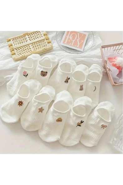 Hitit Socks Kadın 10 Çift Premium Çiçek ve Hayvan Desenli Görünmez Babet Çorap Şeker Beyazı - 3