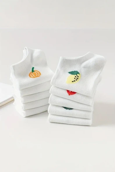 Hitit Socks Kadın 10 Çift Premium Kalite Pamuklu Meyve Desenli Babet Çorap - 3