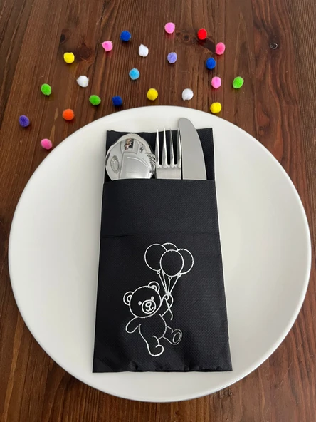 Siyah Üzeri Gümüş Yaldızlı Sevimli Ayı Baskılı Kanguru Cepli Peçete 12 Adet ürün görseli 1