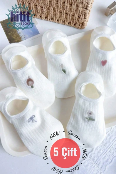 Hitit Socks Kadın 5 Çift Premium Fiyonk Çiçek ve Kalp Desenli Babet Çorap Seker Beyazı - 2