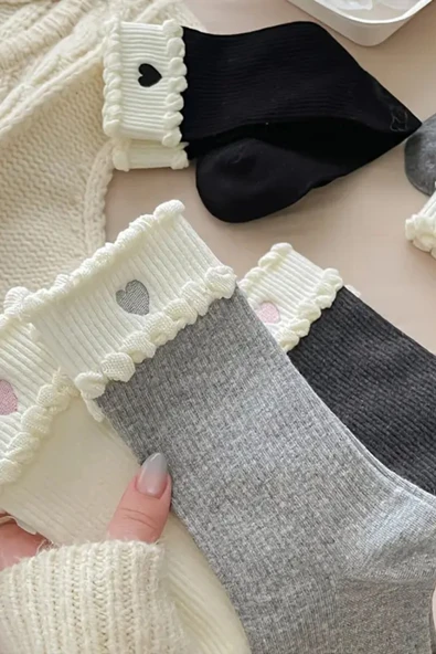 Hitit Socks Kadın 5 Çift Premium Kalite Dantel Kalp Desenli Çift Katmanlı Kore Tarzı Soket Çorap - 4