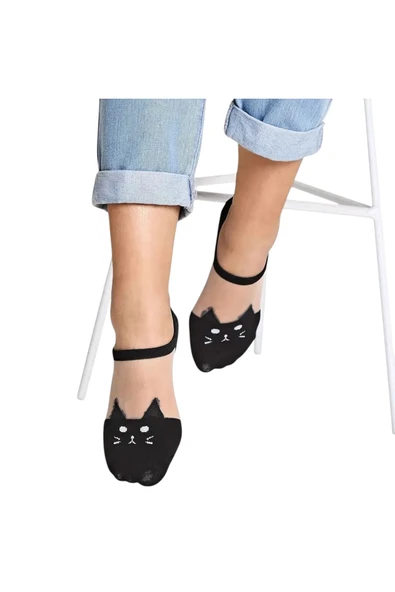 Hitit Socks Kadın 3 Çift Premium Kalite Kedi Desenli Tül Şeffaf Çorap Çok Renkli - 3