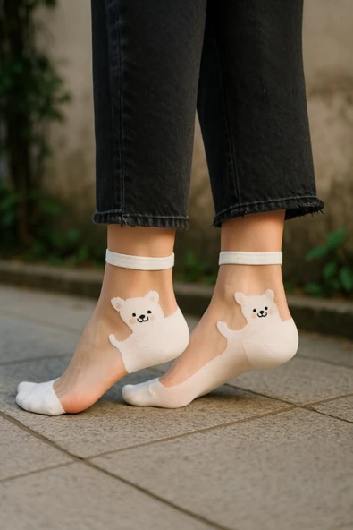 Hitit Socks Kadın 4 Çift Premium Kalite Sevimli Kedi Desenli Tül Çorap Karışık Renkli - 5