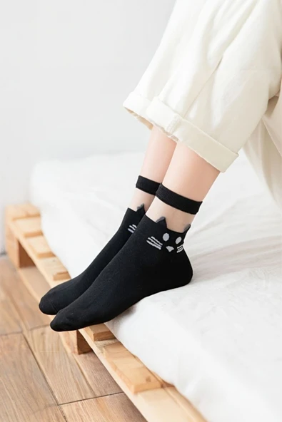 Hitit Socks Kadın 4 Çift Premium Kalite Kedili Tül Patik Çorap - Resim 5