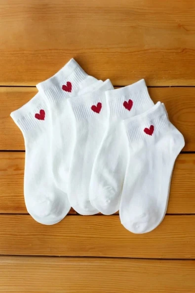 Hitit Socks Kadın 8 Çift Pamuklu Günlük Kullanım İçin Kalp Desenli Kısa Patik Çorap Beyaz - 6