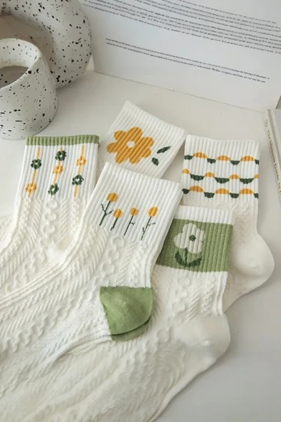 Hitit Socks Kadın 5 Çift Premium Kalite Yeşil Çiçek Desenli Soket Çorap - 6
