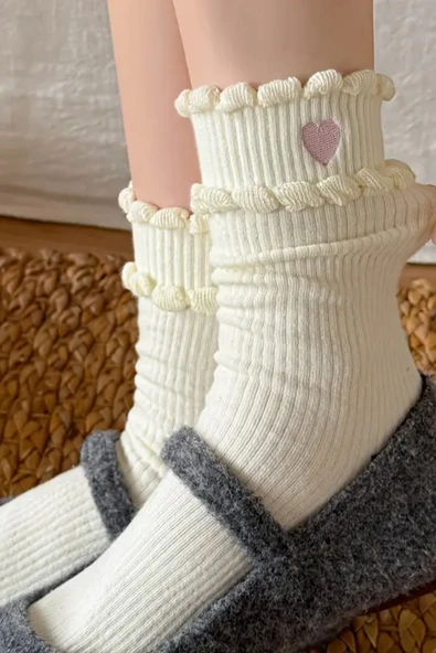 Hitit Socks Kadın 5 Çift Premium Kalite Dantel Kalp Desenli Çift Katmanlı Kore Tarzı Soket Çorap - 2