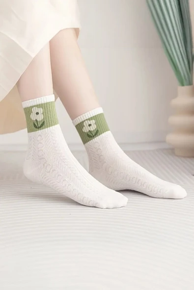 Hitit Socks Kadın 5 Çift Premium Kalite Yeşil Çiçek Desenli Soket Çorap - 4