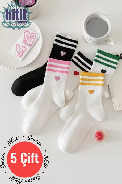 Hitit Socks Kadın 5 Çift Premium Kalite Çizgili Kalp İşlemeli Tenis Soket