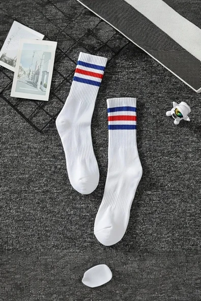 Hitit Socks Unisex 3 Çift Premium Kalite Yüksek Pamuklu Kolej Çorap Mavi Kırmızı Çizgili - 2