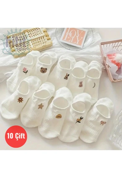 Hitit Socks Kadın 10 Çift Premium Çiçek ve Hayvan Desenli Görünmez Babet Çorap Şeker Beyazı