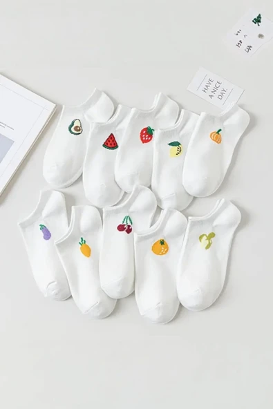 Hitit Socks Kadın 10 Çift Premium Kalite Pamuklu Meyve Desenli Babet Çorap - 4