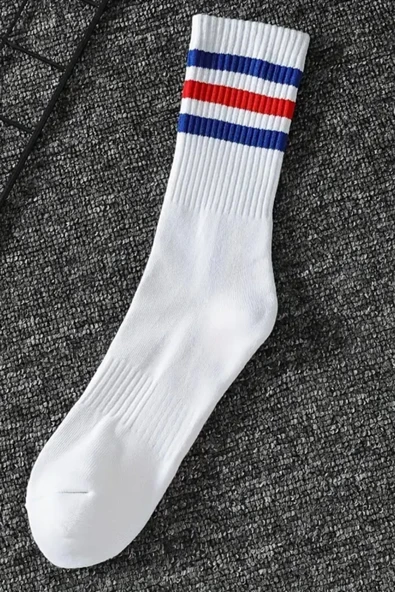 Hitit Socks Unisex 3 Çift Premium Kalite Yüksek Pamuklu Kolej Çorap Mavi Kırmızı Çizgili - 3