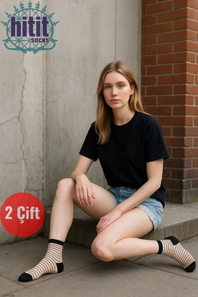 Hitit Socks Kadın 2 Çift Premium Kalite Çizgili Şeffaf Tül Çorap - 2