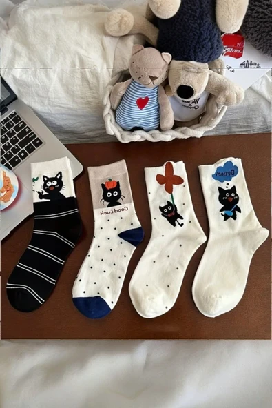 Hitit Socks Kadın 4 Çift Premium Kalite Parfümlü Kedi Figürlü Soket Çorap 4 Mevsim - 2