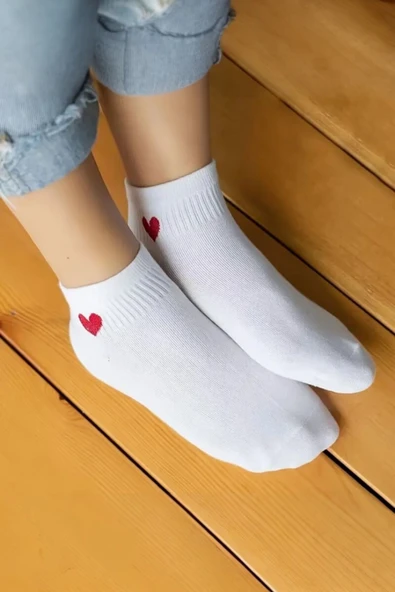 Hitit Socks Kadın 8 Çift Pamuklu Günlük Kullanım İçin Kalp Desenli Kısa Patik Çorap Beyaz - 5