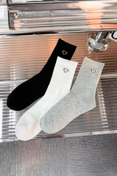 Hitit Socks Kadın 6 Çift Premium Kalite Kalp Detaylı Tenis Çorap Siyah Beyaz Gri - Resim 2