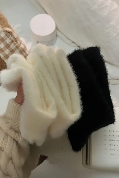 Hitit Socks Kadın 2 Çift Peluş Kışlık Termal Uyku Çorabı Siyah Beyaz - 6