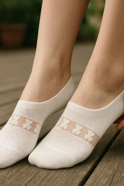 Hitit Socks Kadın 5 Çift Premium Kalite Kalp Desenli Tül Çorap Beyaz - 5