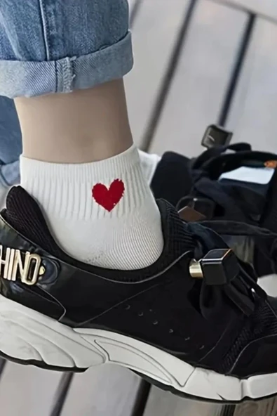 Hitit Socks Kadın 8 Çift Pamuklu Günlük Kullanım İçin Kalp Desenli Kısa Patik Çorap Beyaz - 3
