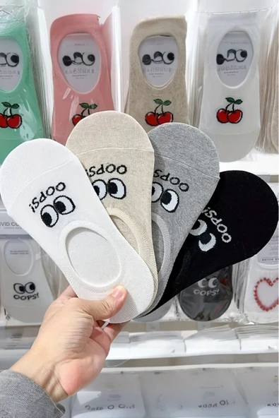 Hitit Socks Kadın 4 Çift Premium Kalite Şaşkın Göz Temalı Babet Çorap - Resim 3