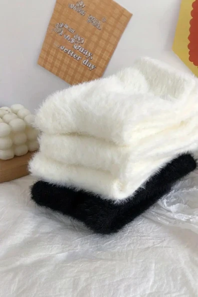 Hitit Socks Kadın 2 Çift Peluş Kışlık Termal Uyku Çorabı Siyah Beyaz - 5