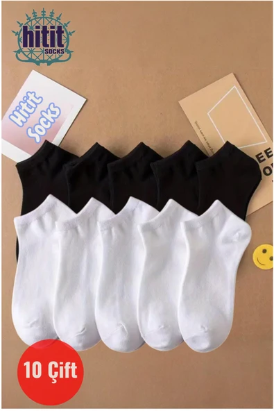 Hitit Socks Kadın 10 Çift Premium Kalite Yüksek Pamuklu Nefes Alan Patik Çorap Siyah-Beyaz