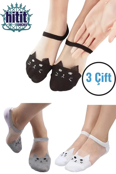 Hitit Socks Kadın 3 Çift Premium Kalite Kedi Desenli Tül Şeffaf Çorap Çok Renkli