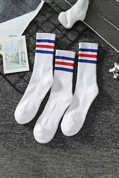 Hitit Socks Unisex 3 Çift Premium Kalite Yüksek Pamuklu Kolej Çorap Mavi Kırmızı Çizgili