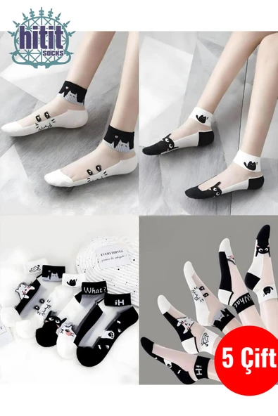 Hitit Socks Kadın 5 Çift Karışık Kedi Desenli Tül Çorap Beyaz ürün görseli