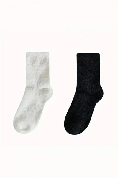 Hitit Socks Kadın 2 Çift Peluş Kışlık Termal Uyku Çorabı Siyah Beyaz - 2
