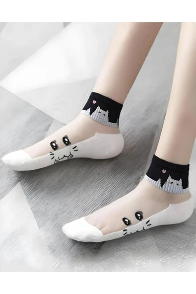 Hitit Socks Kadın 5 Çift Karışık Kedi Desenli Tül Çorap Beyaz - Resim 5