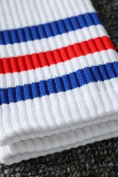 Hitit Socks Unisex 3 Çift Premium Kalite Yüksek Pamuklu Kolej Çorap Mavi Kırmızı Çizgili - 4