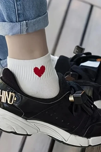 Hitit Socks Kadın 8 Çift Pamuklu Günlük Kullanım İçin Kalp Desenli Kısa Patik Çorap Siyah Beyaz - 2