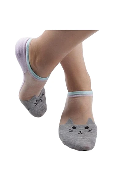Hitit Socks Kadın 3 Çift Premium Kalite Kedi Desenli Tül Şeffaf Çorap Çok Renkli - 4