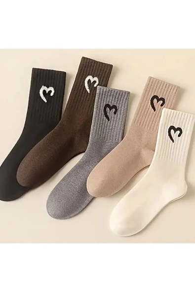 Hitit Socks Kadın 5 Çift Premium Yüksek Pamuklu Yeni Kalp Desenli Casual Çorap Çok Renkli - 4