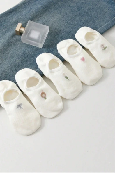 Hitit Socks Kadın 5 Çift Premium Fiyonk Çiçek ve Kalp Desenli Babet Çorap Seker Beyazı - 3
