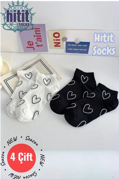 Hitit Socks Kadın 4 Çift Premium Kalite Kalp Desenli Patik Çorap Çok Renkli ürün görseli